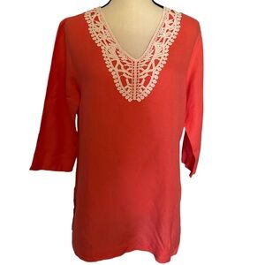 Premise linen blend embroidery collar top 3/4 sleeves size M
